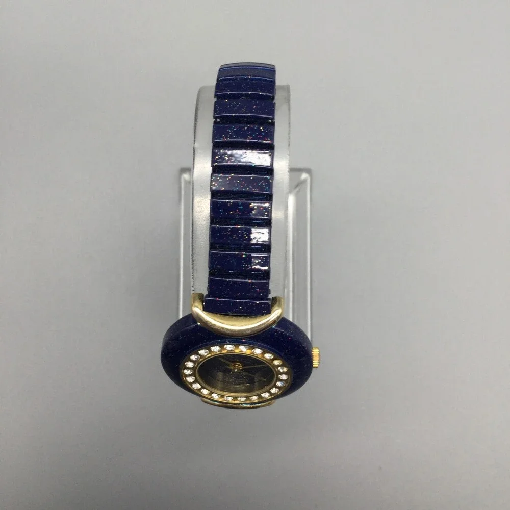 David Design Womens Watch 25mm Crystal Bezel Stretch Band Gold Tone New Battery